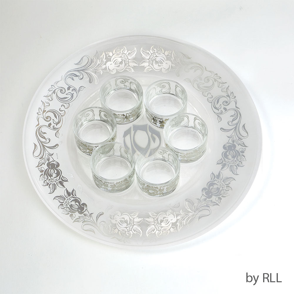 7 Piece Glass Seder Set with Silver Floral Design