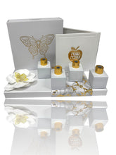 Load image into Gallery viewer, White Mini Diffusers and Simanim Card Wrapped Gift Set
