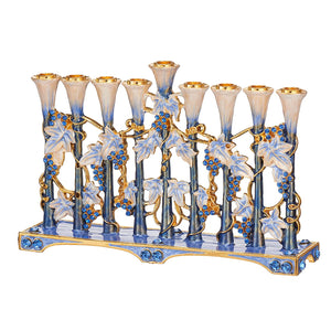 Hand Painted Blue and Ivory Tulip Menorah Candelabra