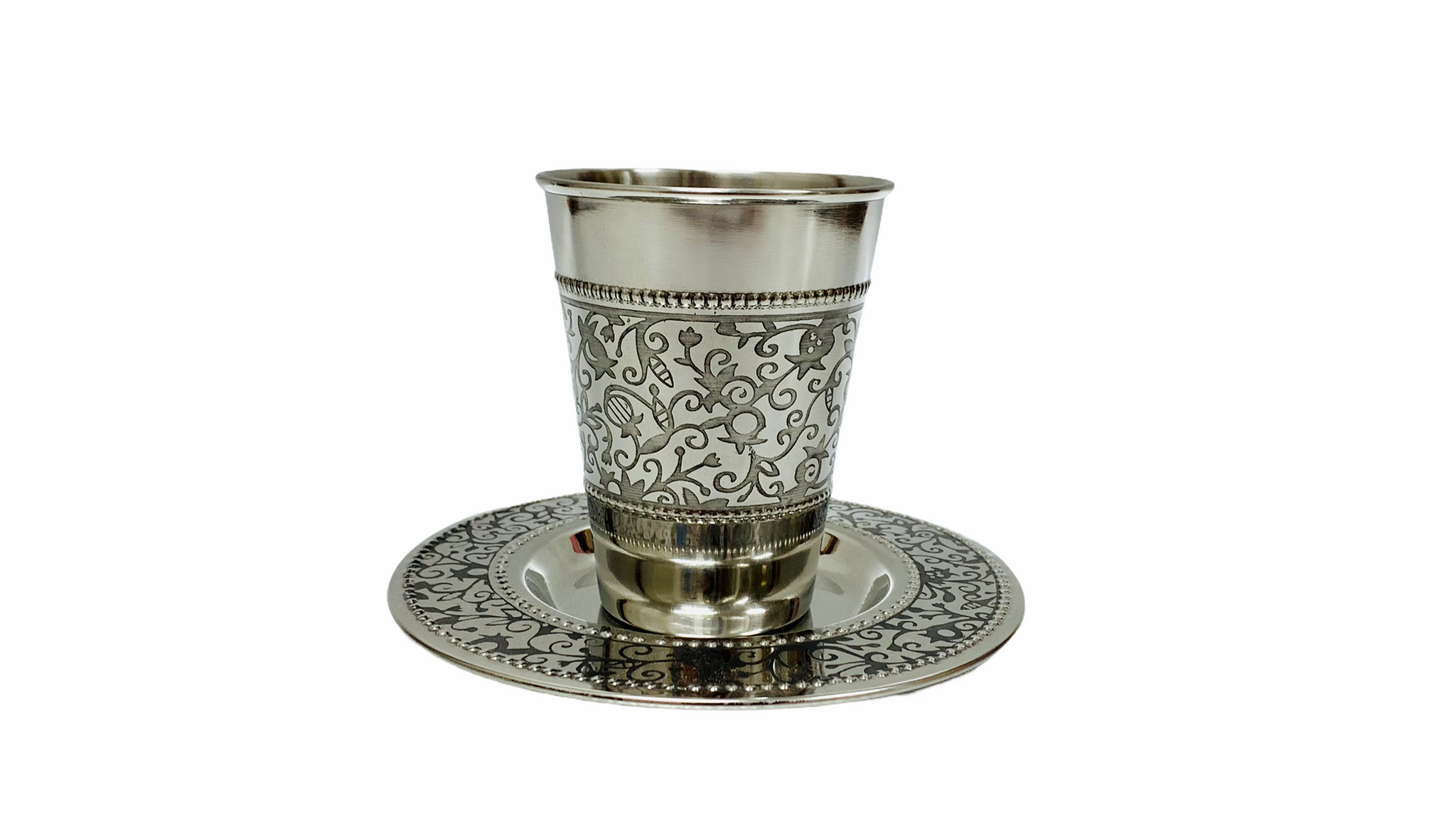 Yair Emanuel - Tazza moderna e contemporanea Kiddush per Shabbat e Yom Tov, in rame, con piattino abbinato Judaica (rame spazzolato CAH-2