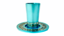 Load image into Gallery viewer, Anodized Turquoise Kiddush Cup with Rimon (Pomegranate) Lacework
