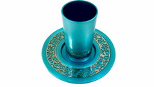 Load image into Gallery viewer, Anodized Turquoise Kiddush Cup with Rimon (Pomegranate) Lacework
