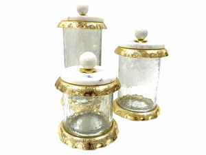 Large Glass Canister With Marble And Gold Lid