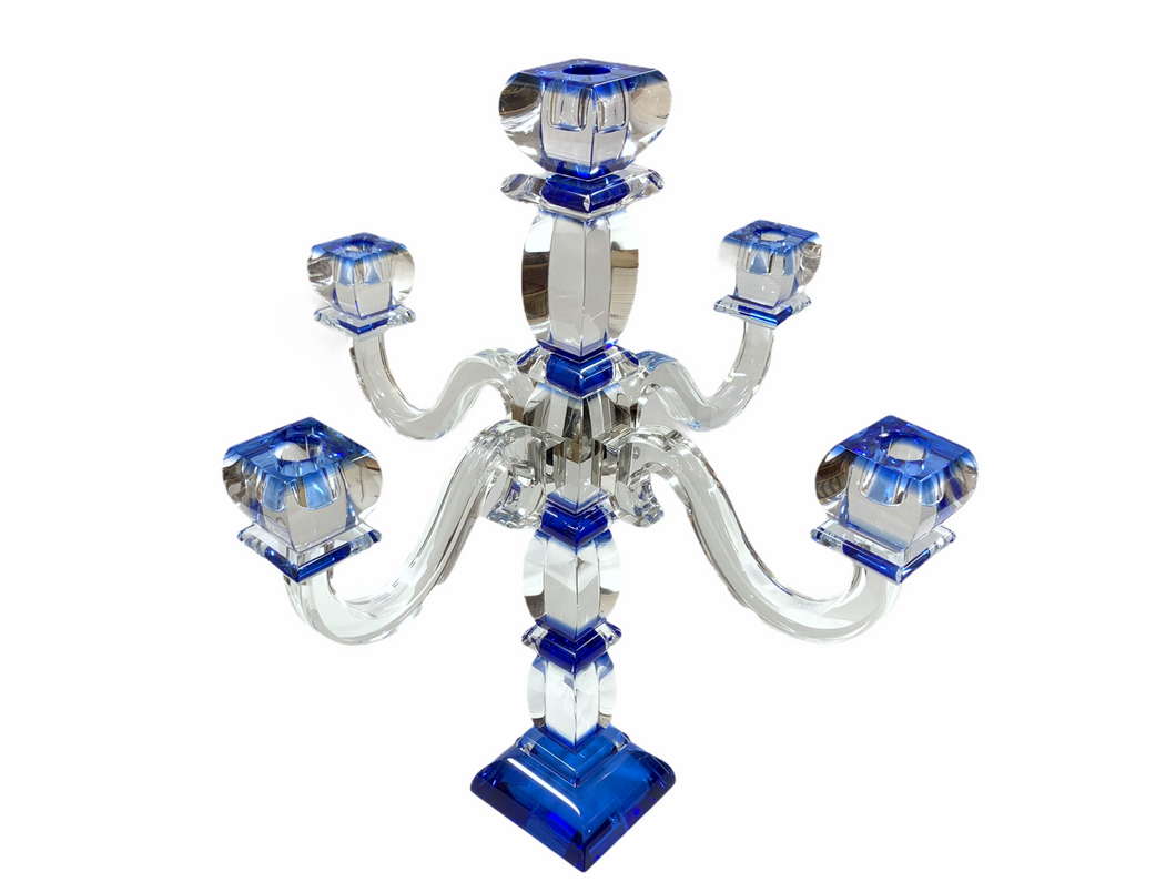 Blue Five Branched Crystal Candelabra