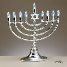 Load image into Gallery viewer, Silvertone Electric Menorah LED Menorah with Clear Bulbs
