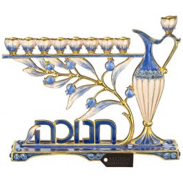 Hand Painted Blue Enamel Menorah Candelabra with Hebrew "Hanukkah" Design