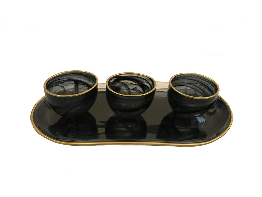 Set of 3 Bowls with Tray-Black Alabaster with Gold Trim-Tray