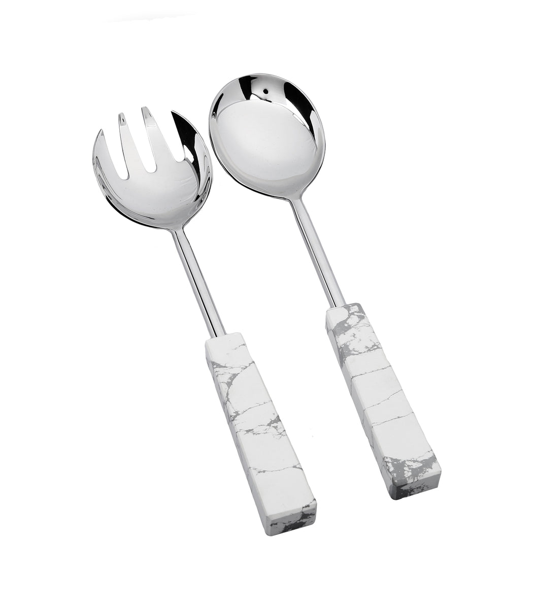 Set of 2 Stainless Steel Salad Servers with White and Grey Stone Handles by Classic Touch
